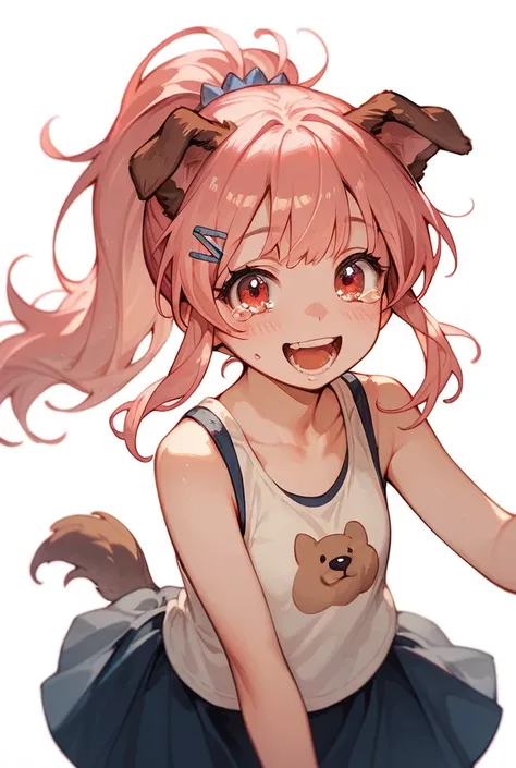 masterpiece, best quality, ultra detailed, a girl, happy, tearful, looking at viewer, ponytail, pink hair, red eyes, tank top, skirt, with dog ears, white background, flat background, cute, kawaii, anime