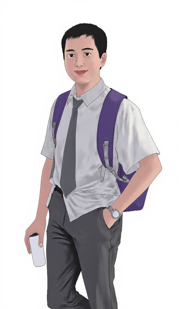 a handsome happy young asian 17s wearing white short shirt, gray tie and gray long pants school uniform holding bottle white tumbler and carrying a purple backpack, white blank background