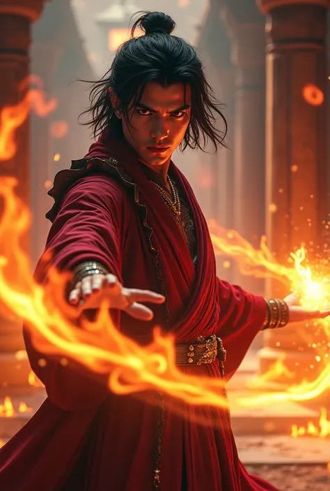 Ultra realistic, create Azula in boy version with scarlet red and mix with silver colour eyes,fire temple background with fire dragon,with his hand held create a powerful white and ultraviolet fire