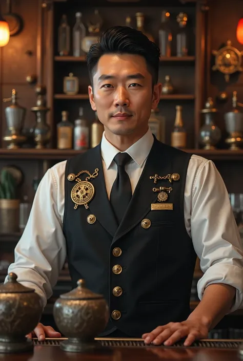 asian man, steampunk bartender