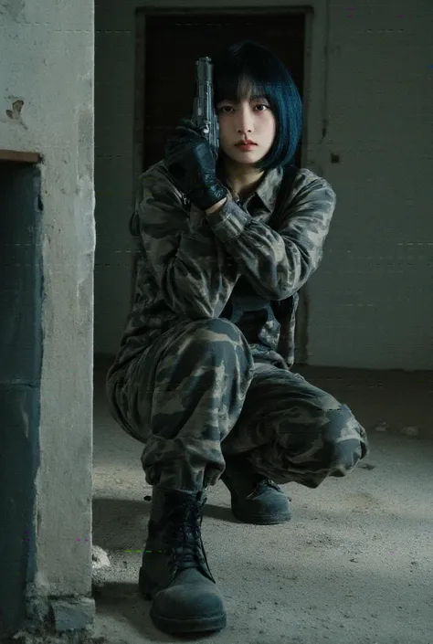 One beautiful girl, Dark blue hair,  bob cut, Double eyelids,  big eyes,  well-prepared face,  thin lips,  pink lips,  serious expression, Fine skin, Grey Urban Camouflage Suit ,  military gloves , Roll up your sleeves, Pistol in hand,  military boots ,  S...