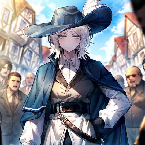 white hair,gloves,faust (project moon),black gloves,blue eyes,multiple girls,blue cape,shirt,hat,white shirt,A rapier on his belt,plume,short hair,expressionless,multiple boys,collared shirt,solo focus,long sleeves,cape,outdoors,2girls,closed mouth,sky,blu...