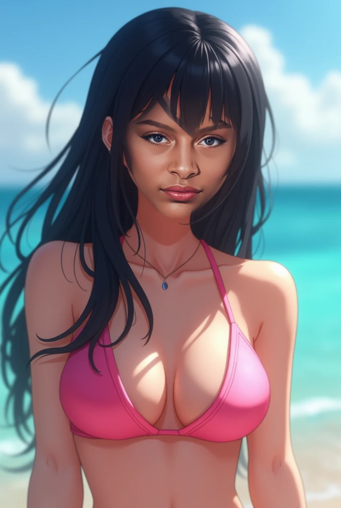 , score_9, score_8_Excellent, score_7_Excellent, , 8K,  high definition  ,  beautiful girl,  black hair,  long hair ,  straight hair  , A girl ,  detailed face  ,  beautiful female face  , Pink Bikini, ocean, Show viewers,