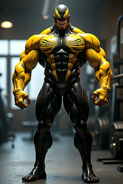 You can generate a Venom with a body like Mr. Olimpia but looking like a hero man with yellow and black colors with a gym background