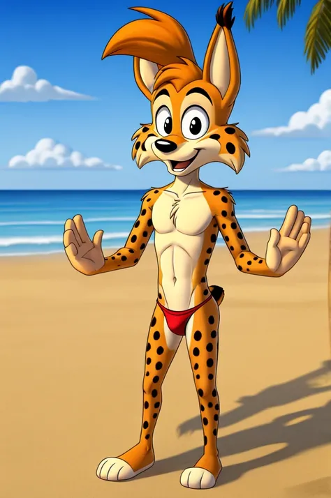 Lynx cartoon guy full length slim skinny in red speedo on the beach with a happy face striped tail