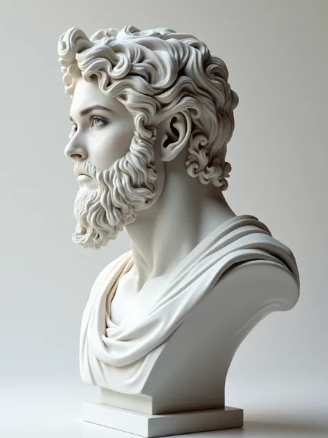  Create an inspiring 8K image depicting a ,strong,  looking to the side, immortalized as a bust statue, Single bust statue, with minute details, white marble, ancient greek mythology