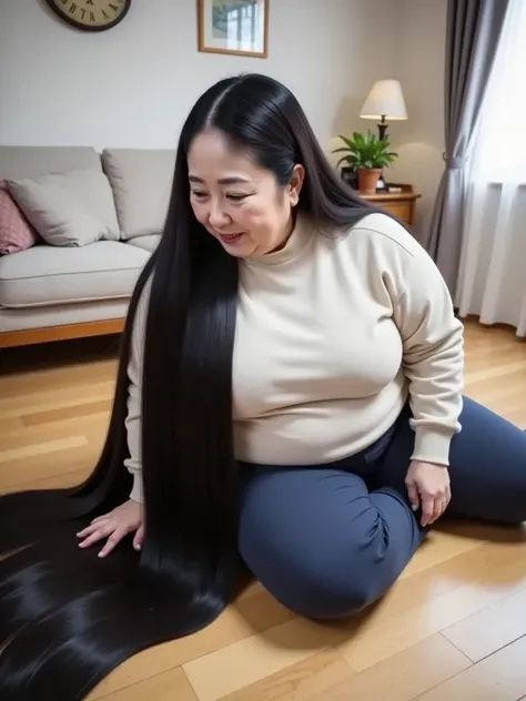 8k,Highest quality, masterpiece, Ultra-high resolution,(masterpiece:1.6, Highest quality), Intricate details,Middle-aged woman in her 50s, japanese, full body,  ((learning forword:1.4)),top of head, ((an absurdly long hair:1.5)),((jet Black Hair)), ((foreh...