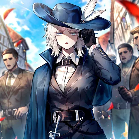 white hair,gloves,faust (project moon),black gloves,blue eyes,multiple girls,blue cape,shirt,hat,white shirt,A rapier on his belt,plume,short hair,expressionless,multiple boys,collared shirt,solo focus,long sleeves,cape,outdoors,2girls,closed mouth,sky,blu...