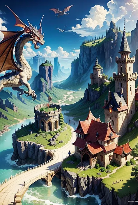 Fantasy medieval kingdom, with trade and dragons flying over the kingdom