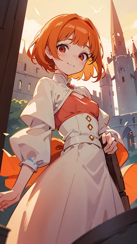  One Woman 、animeイラストセミリアリズム、 small breasts、 orange hair 、 dull bangs、 Shorthair、Round red eyes、anime、Sophisticated design、 soft smile 、 Friendly Smiles 、 dynamic light 、 Princess Outfits 、Royalty、fantasy setting 、Castle in the background