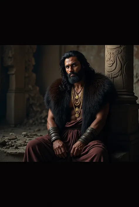 An Indian version of Aaron Taylor-Johnson with dark skin, piercing blue eyes, and long, flowing hair. His perfectly groomed beard complements his regal yet rugged appearance. He is seated dramatically in a ruined castle, exuding an aura of strength and mys...