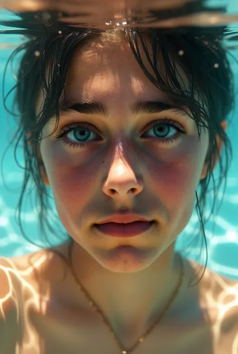 a realistic teen in water,  in pool, detailed eyes, detailed lips, extremely detailed face, bright sunlight, photorealistic, 8k, high quality, masterpiece, hyper detailed, cinematic lighting, vibrant colors 