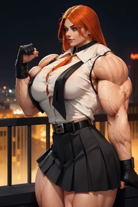 ((Close-up)), tall, (orange hair), beautiful muscular woman, long shaggy hair, white skinned, (black lipstick), smirking, (massive muscles), (hyper muscle), ((ginormous bulky muscles)), green eyes, (((((sleeveless silk collared shirt))))), ((((long silk pl...