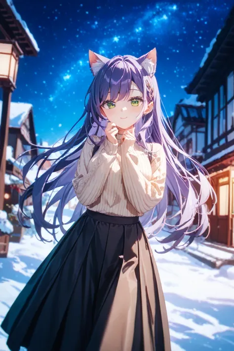 Purple Hair、 twin tails、Cat ears、
 girl、 sweater 、 muffler 、
 green eyes、snow、night景、 long hair、 Long Skirts、The skirt is brown、snowを手のひらに乗せる、一人の girl、 illuminations on New Years 、night、Western style、Around town、nightのAround town、 starry sky 、 lonely face ...