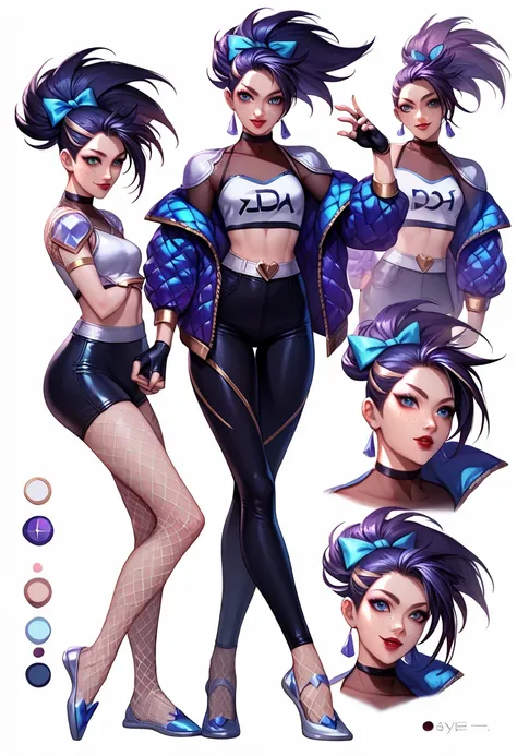 ((full body shot))K/DA Akali - ((character design sheet)), masterpiece, best quality, highly detailed, score_9, score_8_up, score_7_up, score_6_up, anime font,BREAK , 2girl, long hair, blue eyes, hair bow, small breasts, bow, looking at viewer, freckles, p...