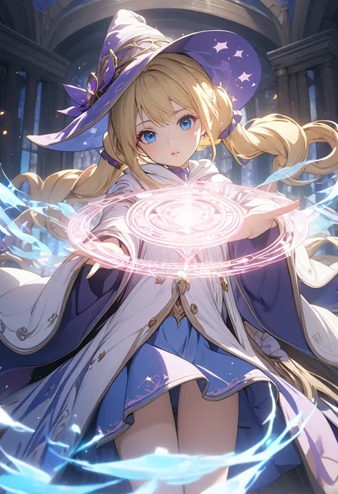 magical girl unleashing her powers from a magic circle, beautiful detailed eyes, beautiful detailed lips, extremely detailed eyes and face, long eyelashes, 1 girl,　age 15, 150cm, mage, witch, blonde, twin tails, long hair, blue eyes, slender, small bust, m...