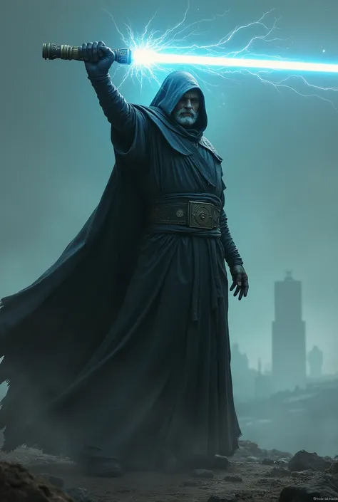 I want an image of the Dart Warder holding the lightsaber above his head in a horizontal position 