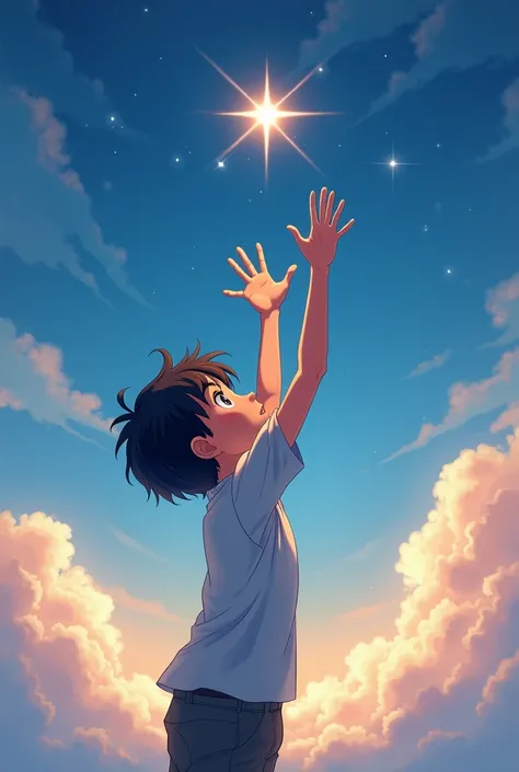  Anime boy stretching to get a star.Must be in 3 /4