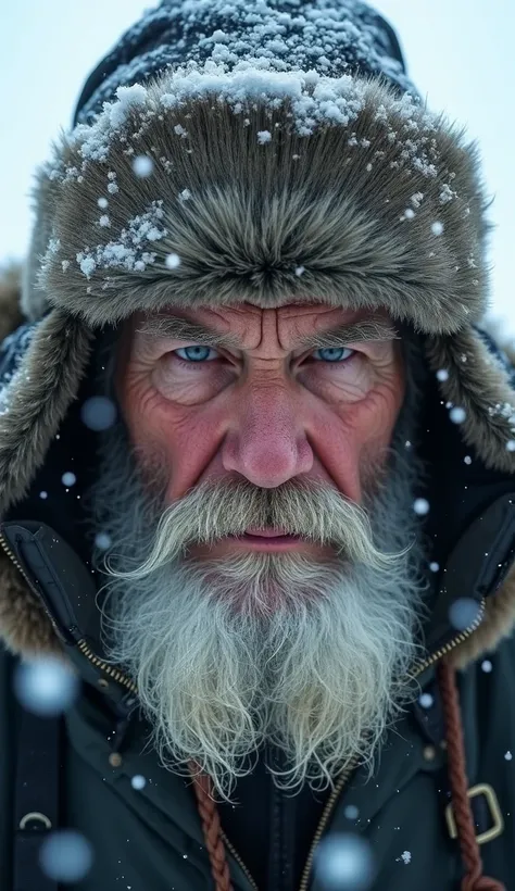 Man with a long gray beard, wearing a winter hat, its snowing, you only see his face and cap