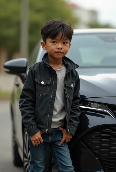 boy with brown skin with black eyes with a black Toyota car