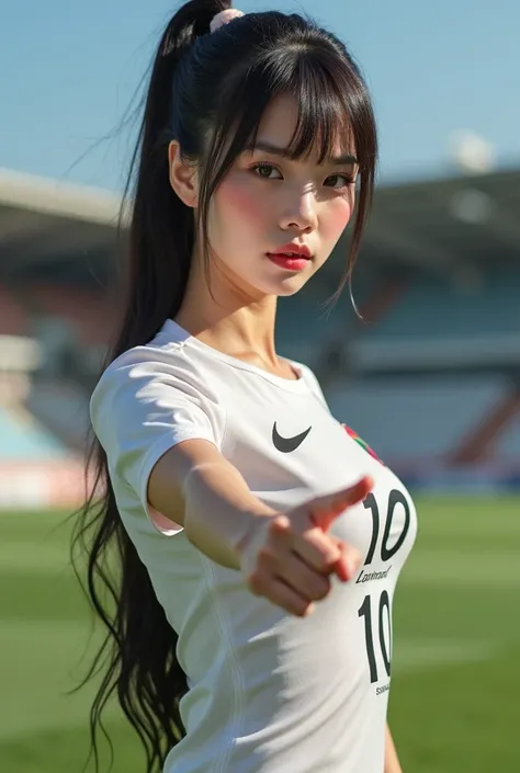 An Asian woman is looking straight at the , points at the audience. Sexy action in different poses on the most fashionable football field. ,  a sparkling portland skin,  glazed tile skin , Red cheeks, Pink skin,  has a chest size of 38 inches , In a white ...