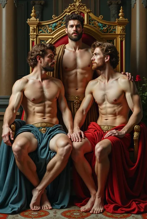 1 men represented as mythological or divine figures from the Renaissance ON AN LGBT throne , And another man represented as the king, a sexy man