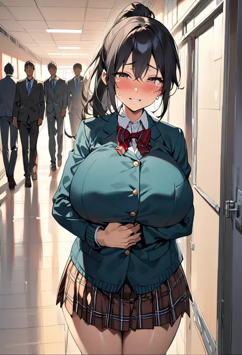 top quality, masterpiece,  high res, 8k, 解剖学的に正しいpeople体, (((女の子1peopleと男の子１people))), (An empty classroom),  expressive dark brown eyes, mature woman, ((( ponytail))), ((( black hair))),  Big Breasts High School Girl, Bad male high school student hugging ...