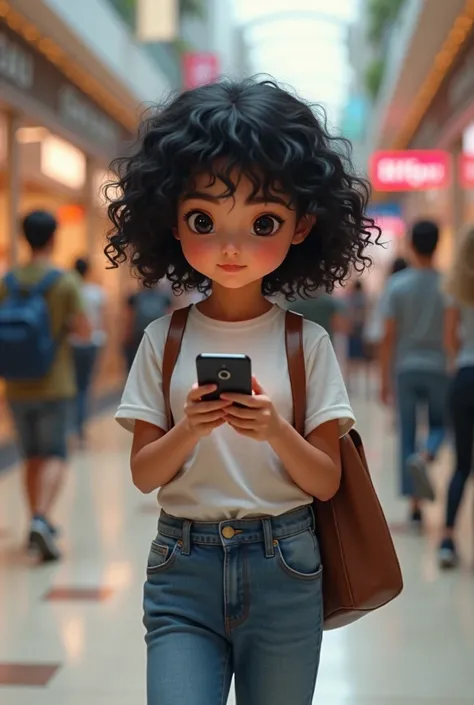 A curly-haired black ,  black eyes ,  fair-skinned girl messing with her cell phone at a mall 