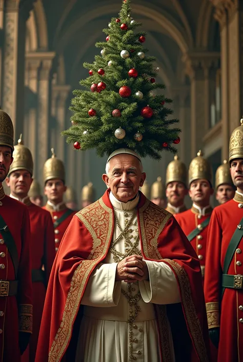 Pope with a Christmas tree on his head and the Swiss Guard are desperate 