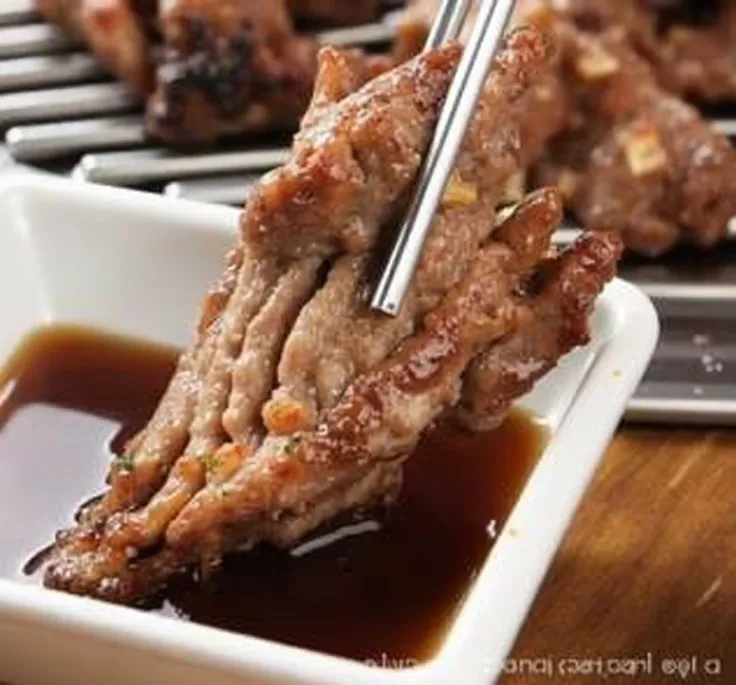 Extremely realistic expression , Juicy texture of meat , Professional food photography lighting , Shallow depth to focus on food ,  Vivid and tasty appearance of a Korean food pork rib dipped in sauce and holding it with chopsticks before eating