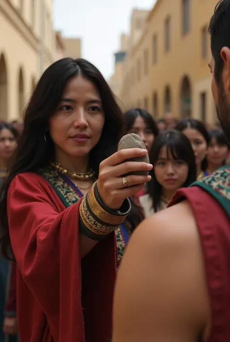 POV view ,1 man is right hand hold stone only , Front view, 1man  and woman , Maria Magdalena looking man hand, Jewish woman , name is Masami Nagasawa, long curl black hair, cotton ancient red wear, in Jerusalem street , around many people hand hold stone ...