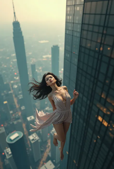 Perspective, birds eye view. Jumping off a skyscraper, doing summersaults in mid air. Smiling at the viewer. An extremely attractive young woman jumping off the roof of a 200 story tall skyscraper in a major city. She jumps backwards off the roof,with her ...