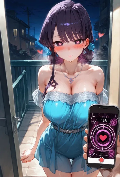 score_9, score_8_up, score_7_up, source_anime BREAK 1girl, pov, Komi Shouko, hypnosis, standing, street at night, heart-shaped pupils, swept bangs, dress, belt, brainwashed, blush, looking at viewer, thigh gap, phone, heart, eye symbol, purple hair, rating...