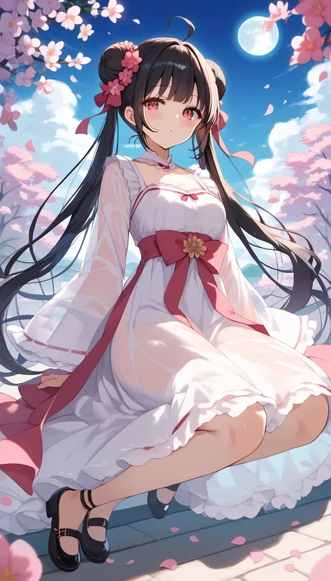 anime girl, red eyes, long black hair in twintails with buns, ahoge, sitting pose, detailed, 8k, beautiful, casual, 1girl, long_hair, black_hair, blush, hair_bun,  breasts, flower, full_body, shoes, bangs, double_bun, ,, moon_kingdom, princess,pink_dress, ...