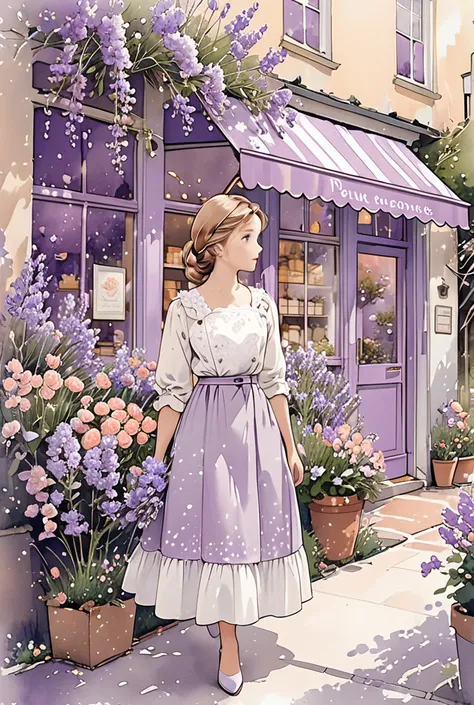 Universe, Illustration with wistaria as the main color, Someones signature, Maison, city of Manchester, Lavender flowers, Cat walking leisurely on the street, A woman as beautiful as Grace Kelly stands pensive in front of a bakery, She is very fashionable ...