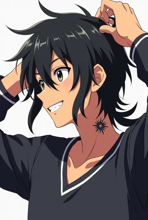 Haikyuu anime boy , chico,  man about 18 years old ,  slightly brown skin with long black hair tied with white tips.  He wears Haikyuu uniform from Nekoma school ,  takes a tattoo flower on his neck .  He is in profile with a smile as he collects his hair ...