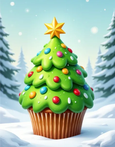  Christmas tree-shaped cupcake,  green cream and colorful candy , Gold star on top ,  snowy landscape illustration background 