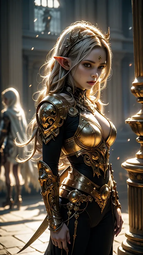 Beautiful female elf wearing ornate armor standing in great hall, cinematic lighting, rim lighting, cowboy shot.