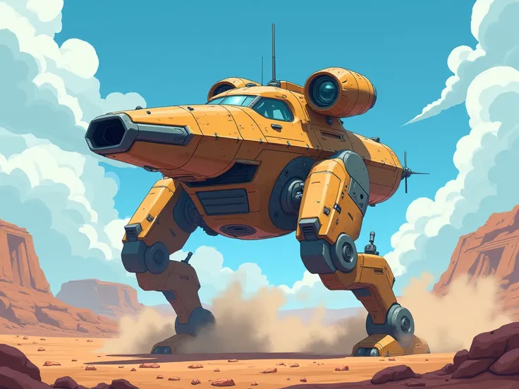 A light war vehicle colored brown and blue, in a battle. The style is futuristic anime. The setting is clean and minimal, no text or symbols. The colors are flat and stylized, resembling traditional anime aesthetics, with clean lines and bold shading.