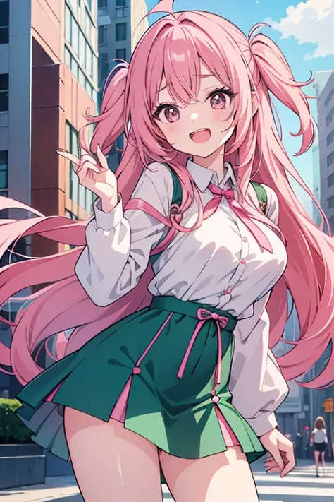  girl, cute anime  girl,  laughs,   open mouth , Beautiful hairstyle, pink and emerald green hair,  long hair,  messy hair,  big eyes, pink eye, Big Breasts,  blanking in the heart of the city,  girl