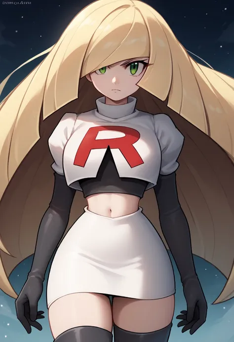 score_9, score_8_up, score_7_up, source_anime BREAK 1girl, solo, lsmndef, green eyes, blonde hair, very long hair, bangs, hair over one eye, looking at viewer, thighs, narrow waist, cowboy shot, team rocket,team rocket uniform,white skirt,red letter R,crop...