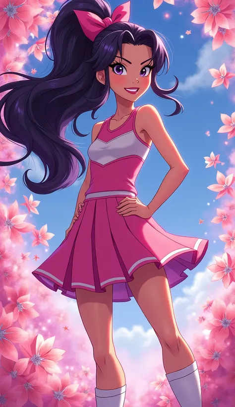 (Carol Ferris from DC Super Hero Girls 2019), (long purplish-black hair ), (ponytail hairstyle), (sparkly purplish-black hair), (purplish-black hair elegant) (Dark purplish-black hair), Carol is a slender and fair-skinned teenager with light violet eyes an...