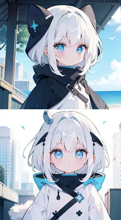 One girl、​masterpiece、top-quality、Top image quality、white  hair、parka、Wearing a hood、cute little、blue eyess、