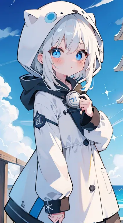 One girl、​masterpiece、top-quality、Top image quality、white  hair、parka、Wearing a hood、cute little、blue eyess、