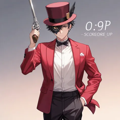 A man in a red suit and black pants he has a raven mask and a top hat he wears a sword around his waist and on the other side he has a revolver