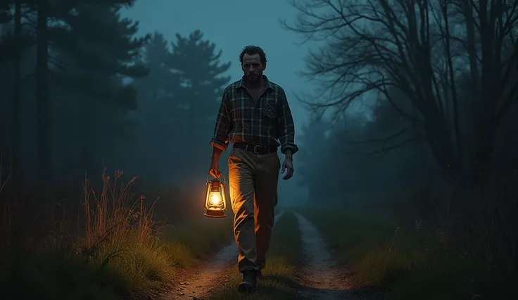 Pedro, still wearing his plaid shirt and twill pants, holding an old, rusty lantern. He is on the farm trail, with the flashlight lit, illuminating the darkness in front of him. The surrounding countryside and woods appear more threatening as night falls. ...