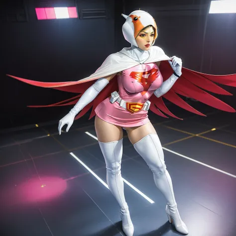 ANI_CLASSIC_jun_gatchaman_ownwaifu,1girl, 15yo,good anatomy, masterpiece, best quality,realistic, hyper realistic, 16k hdr, long hair,breasts,lips,large breasts,lipstick,makeup,gloves,cape,helmet,belt,elbow gloves,white gloves,mask,ultra miniskirt,leotard,...