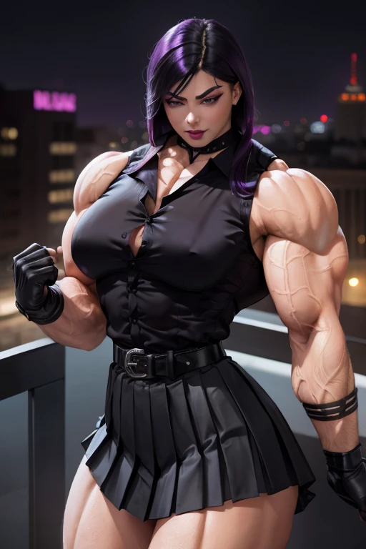 ((Close-up)), tall, (violet purple hair), beautiful muscular asian woman, long hair with long bangs, white skinned, (black lipstick), smirking, (massive muscles), (hyper muscle), ((ginormous bulky muscles)), black eyes, (((((sleeveless silk collared shirt)...