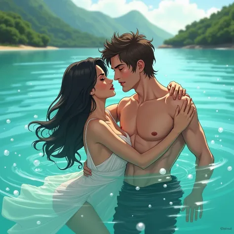 Of course. Here is a description of the image:

 The image is a digital illustration depicting a romantic and dramatic scene. 


** characters:**

* **Central couple :**  a woman with long dark hair ,  dressed in a light white dress ,  and a man with short...