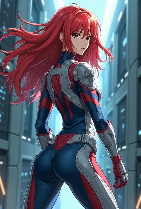     My Hero Academia style  ,    anime girl   , woman, young woman ,    full body shot  ,( Combat Stance :1.3),  long hair, Red Hair,    Brown Eyes  ,  hero suit, Full Body Suit, Red and blue details on a silver suit ,    PERFECT ANATOMY   ,  Reinforced AB...